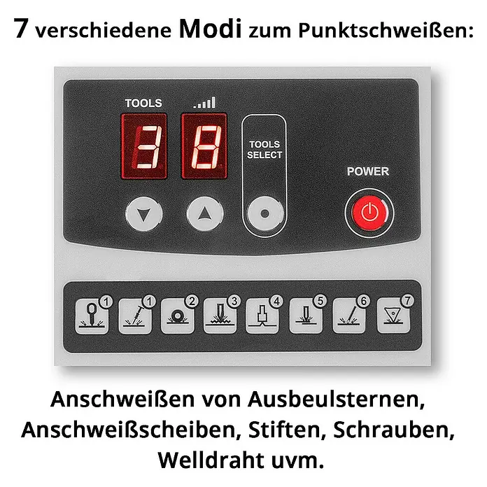 STAHLWERK Punktschweißgerät Ausbeulspotter CBR-90 ST -  - Punktschweißgerät-Bedienfeld mit digitaler Anzeige, sieben Modi zur Auswahl und rotem Netzschalter.