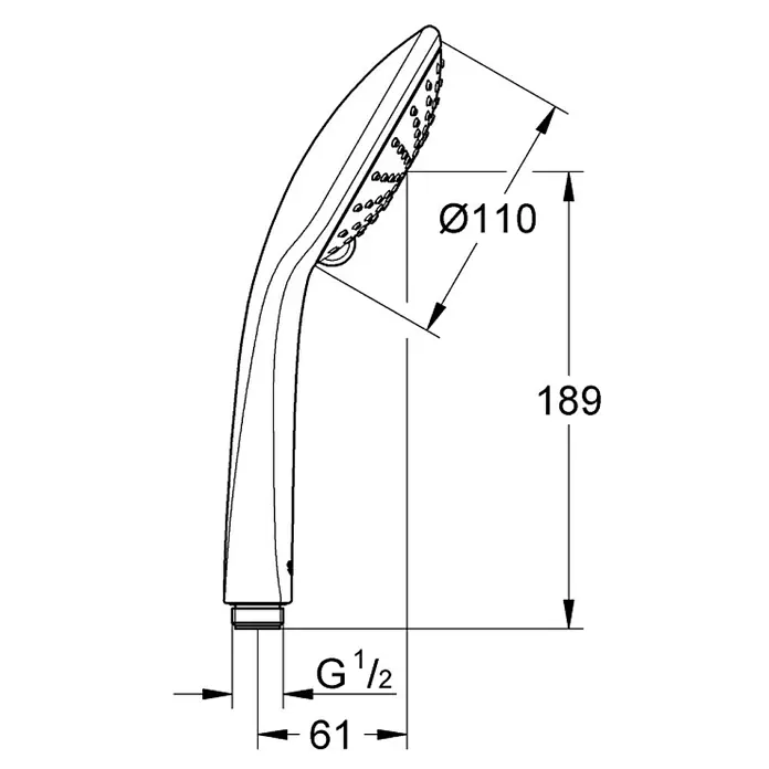 Grohe Euphoria 110 Handbrause - Anzahl Funktionen: 2 Stk., 13,5 l/min, Chrom - Abbildung eines Handbrausekopfes mit den Maßangaben Ø110, 189 und G 1/2, 61. Technische Zeichnung des Duschkopfes.