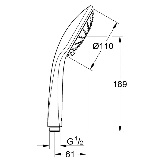 Grohe Euphoria 110 Handbrause - Anzahl Funktionen: 2 Stk., 9,5 l/min, Chrom - Technische Zeichnung eines Handbrausekopfes mit Maßangaben, die Durchmesser und Gesamtlänge des Duschkopfes zeigen.