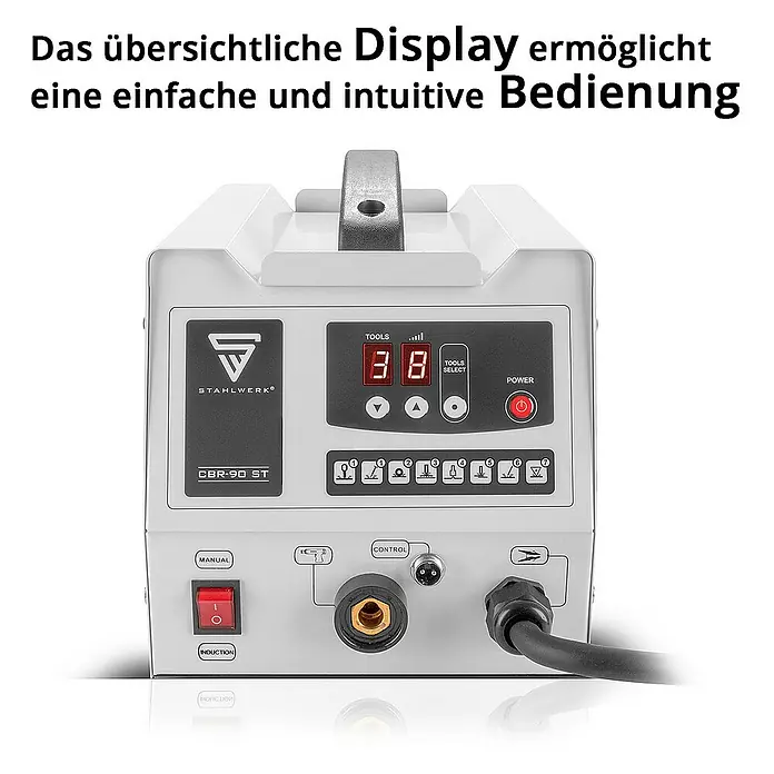 STAHLWERK Punktschweißgerät Ausbeulspotter CBR-90 ST -  - Produktansicht des STAHLWERK CBR-90 ST Induktionsheizgeräts mit intuitiver Bedienoberfläche und übersichtlichem Display.