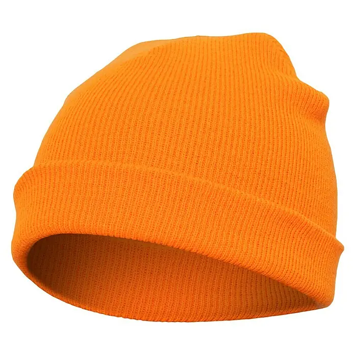 Flexfit Strickmütze Beanie - Orange, Größe: Universal - Nahaufnahme einer orangefarbenen, gestrickten Mütze, die warm und modisch aussieht. Ideal für kalte Tage und stilbewusste Menschen.