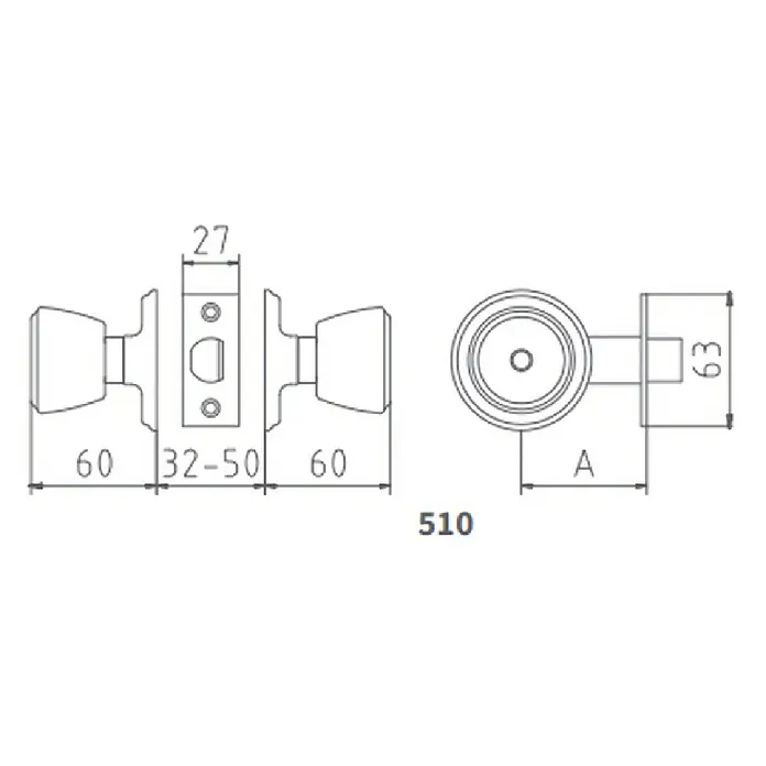 MCM Pomo para puerta 510-4-4-70 - Grosor de la puerta: 32 mm - 50 mm - Un dibujo esquemático de un pomo de puerta con dimensiones, mostrando detalles de los diferentes componentes y sus medidas.