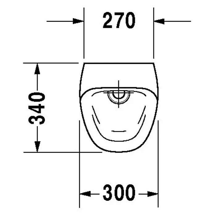 Duravit DuraStyle Urinal - Ohne Spülrand, Unbeschichtet, Zulauf: Hinten, Absaugspülung, Farbe: Weiß, Ohne Zielobjekt, Ohne Urinaldeckel - Draufsicht einer Toilette mit Maßangaben: 270 mm Breite und 340 mm Länge. Ideal für Badplanung.