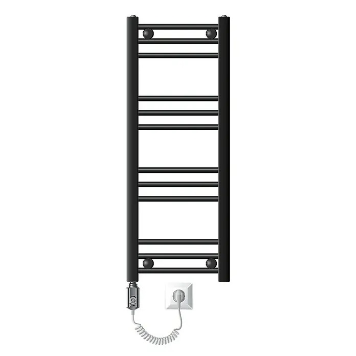 ECD Germany Elektro-Badheizkörper Handtuchwärmer Elektrisch Seitenanschluss mit Heizstab 600W gerade - B x H: 30 x 80 cm - Schwarzer Handtuchwärmer mit mehreren Stangen und Kugelförmigen Details, ideal für Badezimmer zum Trocknen von Handtüchern.
