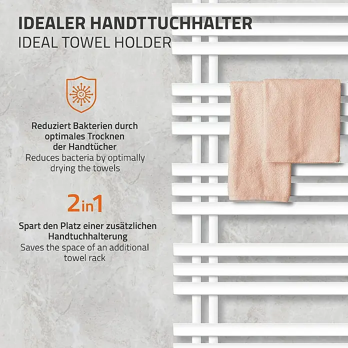 ECD Germany Elektro-Badheizkörper Design Handtuchheizkörper Handtuchwärmer Elektrisch mit Heizstab 900W - B x H: 60 x 160 cm - Das Bild zeigt einen Handtuchhalter, der Bakterien reduziert und Platz spart. Das Handtuch trocknet optimal und ist einfach zu montieren.