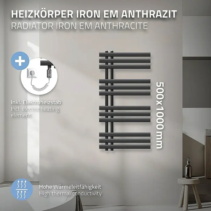 LuxeBath Elektro-Badheizkörper Design Handtuchheizkörper Handtuchwärmer Elektrisch mit Heizstab 300W - B x H: 50 x 100 cm - Abbildung eines Heizkörpers IRON EM Anthrazit mit elektrischem Heizelement und hoher Wärmeleitfähigkeit.