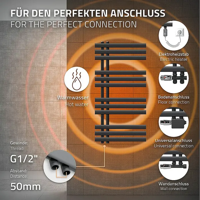 LuxeBath Elektro-Badheizkörper Design Handtuchheizkörper Handtuchwärmer Elektrisch mit Heizstab 300W - B x H: 50 x 100 cm - Abbildung eines modernen Heizkörpers mit verschiedenen Anschlussmöglichkeiten für eine optimale Wärmeversorgung.