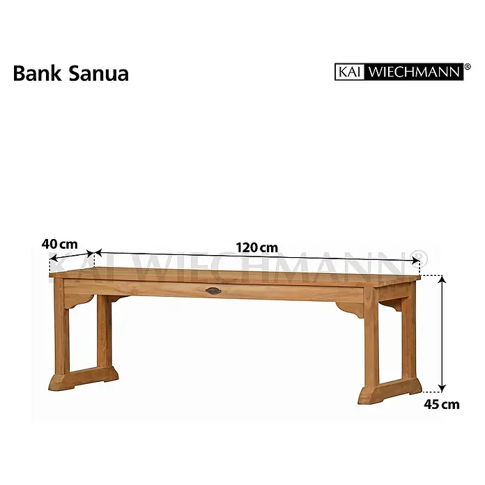 Kai Wiechmann Gartenbank - B x T x H: 40 x 40 x 45 cm, Teak, Naturbelassen - Abbildung einer Bank Sanua aus Holz mit den Maßen 40 cm Tiefe, 120 cm Länge und 45 cm Höhe.