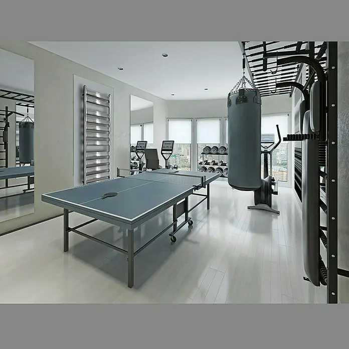 ECD Germany Elektro-Badheizkörper Designheizkörper Tharr Paneelheizkörper Flachheizkörper Wandheizung - B x H: 50 x 95 cm - Ein Fitnessraum mit Tischtennisplatte, Boxsack und Trainingsgeräten. Der Fokus liegt auf einem gesunden und aktiven Lebensstil.
