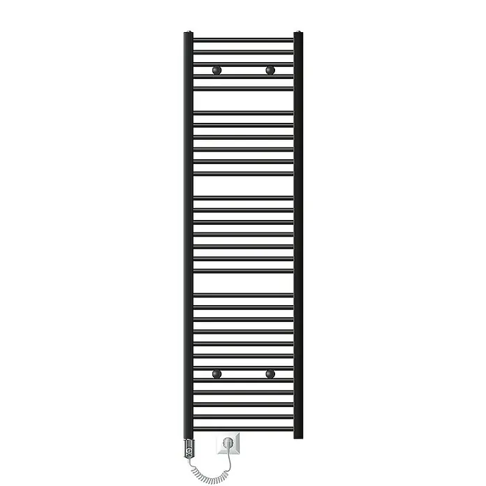 LuxeBath Elektro-Badheizkörper Handtuchwärmer Elektrisch Seitenanschluss mit Heizstab 900W gebogen - B x H: 50 x 180 cm - Schwarzer, beheizbarer Handtuchhalter für Badezimmer mit mehreren horizontalen Stangen und elektrischem Anschluss.