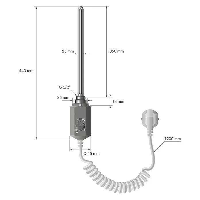 LuxeBath Elektro-Badheizkörper Handtuchwärmer Elektrisch Seitenanschluss mit Heizstab 900W gebogen - B x H: 60 x 180 cm - Produktbild einer Heizpatrone mit Thermostat und den zugehörigen Maßen.