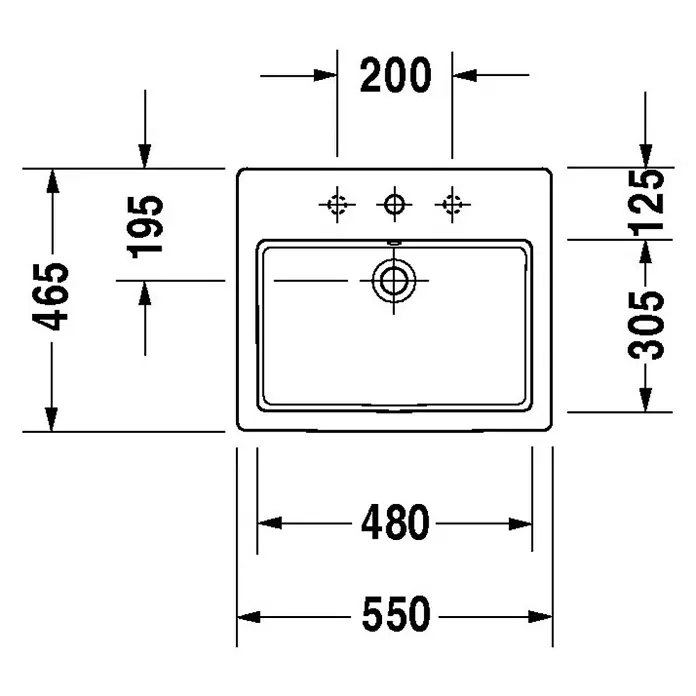 Duravit Vero Einbauwaschbecken - 55 x 46,5 cm, Mit schmutzabweisender Glasur, Hahnloch: Mitte, Mit Überlauf, Weiß - Technische Zeichnung eines rechteckigen Waschbeckens mit Maßangaben. Das Waschbecken hat eine moderne Form und ist für Badezimmer geeignet.