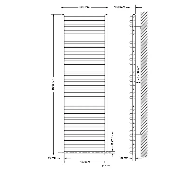 LuxeBath Elektro-Badheizkörper Handtuchwärmer Elektrisch Seitenanschluss mit Heizstab 1200W gebogen - B x H: 60 x 180 cm - Abbildung eines beheizbaren Handtuchhalters mit Maßangaben, der eine komfortable und effiziente Möglichkeit zum Trocknen von Handtüchern bietet.