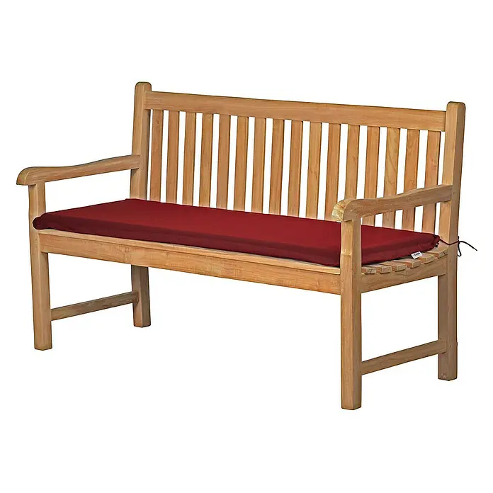 Kai Wiechmann Bankauflage - Gartenbank, Holzbank, Bank, L x B x H: 47 x 180 x 5 cm, Polyacryl, Bordeauxrot - Eine hölzerne Gartenbank mit rotem Sitzkissen, perfekt für entspannte Stunden im Freien. Die Bank lädt zum Verweilen ein.