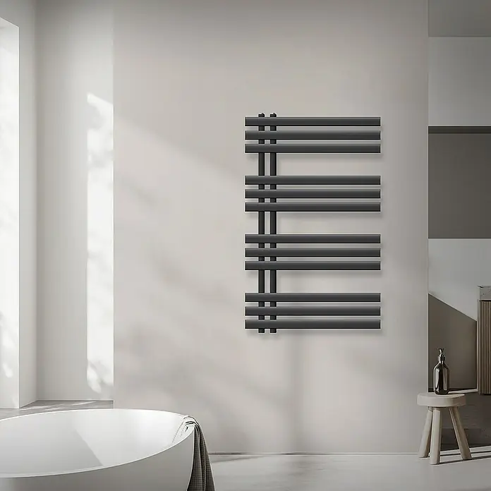 LuxeBath Elektro-Badheizkörper Design Handtuchheizkörper Handtuchwärmer Elektrisch mit Heizstab 300W - B x H: 60 x 100 cm - Schwarzer, horizontaler Heizkörper mit minimalistischem Design für moderne Badezimmer mit Handtuchhalter.