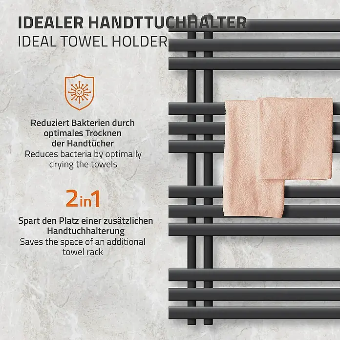 LuxeBath Elektro-Badheizkörper Design Handtuchheizkörper Handtuchwärmer Elektrisch mit Heizstab 300W - B x H: 60 x 100 cm - Abbildung eines idealen Handtuchhalters in Schwarz mit Handtüchern, der Platz spart und Bakterien reduziert.