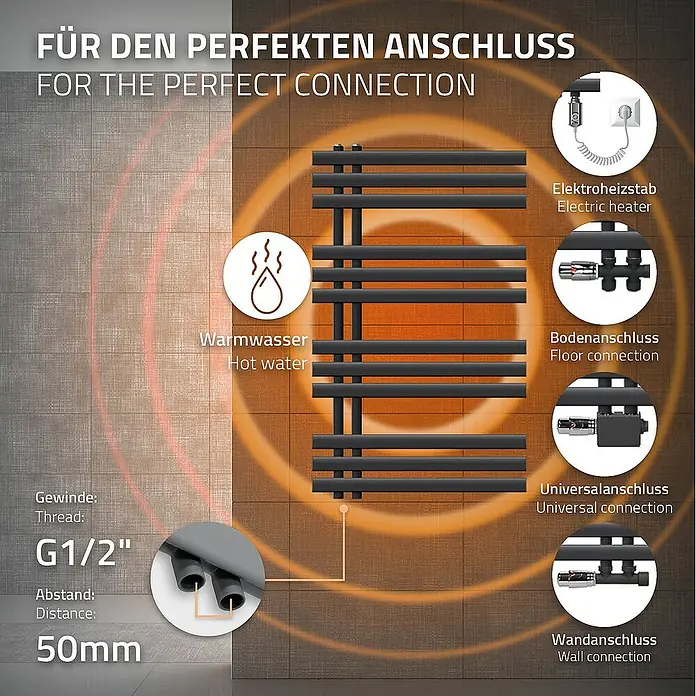 LuxeBath Elektro-Badheizkörper Design Handtuchheizkörper Handtuchwärmer Elektrisch mit Heizstab 300W - B x H: 60 x 100 cm - Produktdarstellung für Heizkörperanschlüsse: Elektroheizstab, Warmwasser, Boden-, Universal- & Wandanschluss, Gewinde G1/2", Abstand 50mm.