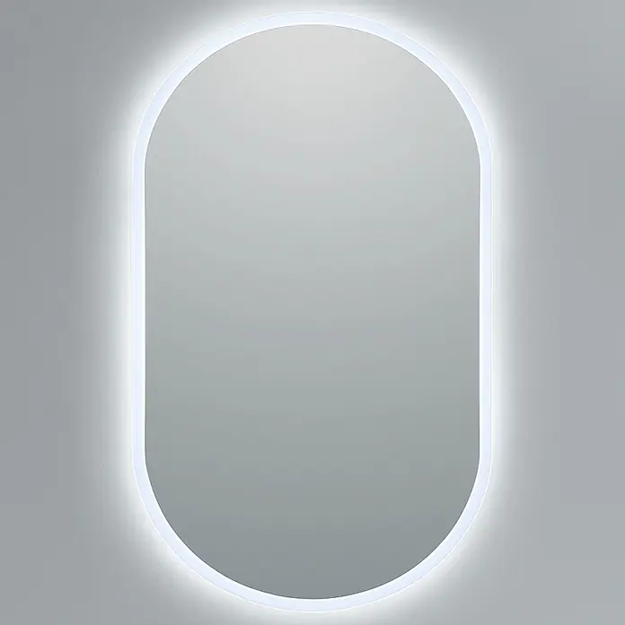 Bath Stage Espejo con luz B-950 - 50 x 90 cm, Incoloro, Ovalada - Primer plano de un espejo oblongo y ovalado con iluminación LED integrada, ideal para diseños de baño contemporáneos.
