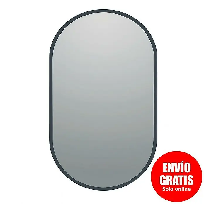 Bath Stage Espejo con luz B-950 - 50 x 90 cm, Negro, Ovalada - Elegante espejo alargado con marco fino y oscuro. Ideal para ambientes modernos, ofrece un reflejo claro y un diseño sofisticado.