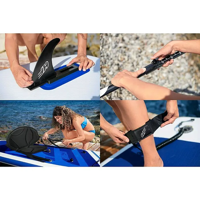 Bestway Juego de paddle surf Oceana - L x An x Al: 305 x 84 x 12 cm, Carga útil: 120 kg, Hinchable - Primer plano de una tabla de paddle surf con accesorios como aleta, remo, asiento y leash.