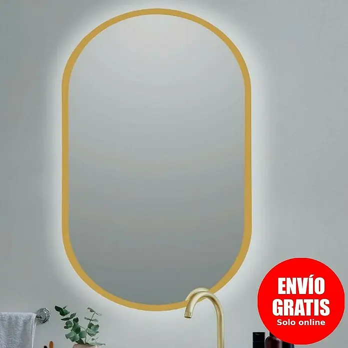 Bath Stage Espejo con luz B-950 - 50 x 90 cm, Oro, Ovalada - Elegante espejo ovalado con marco dorado e iluminación LED para el baño. Aspecto moderno y diseño práctico.