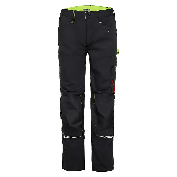 Terrax Workwear Arbeitshose - Konfektionsgröße: 50, Schwarz/Limette - Schwarze TERRAX Arbeitshose mit reflektierenden Streifen und gelbem Innenfutter für hohe Sichtbarkeit und Funktionalität im Arbeitsalltag.