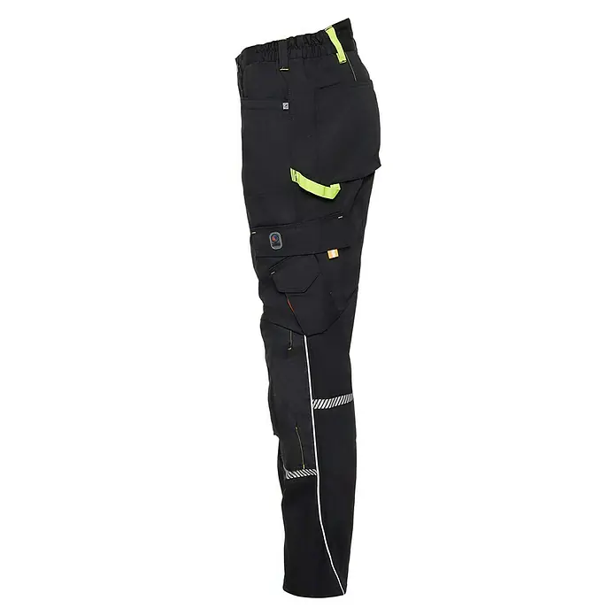 Terrax Workwear Arbeitshose - Konfektionsgröße: 50, Schwarz/Limette - Abgebildete schwarze Arbeitshose mit Taschen, reflektierenden Streifen und gelben Akzenten für gute Sichtbarkeit und Funktionalität.
