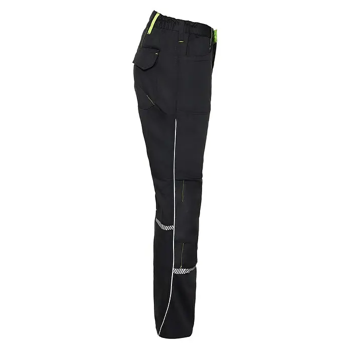 Terrax Workwear Arbeitshose - Konfektionsgröße: 50, Schwarz/Limette - Abbildung einer schwarzen Arbeitshose mit reflektierenden Details und praktischen Taschen. Ideal für Handwerker und Bauarbeiter.
