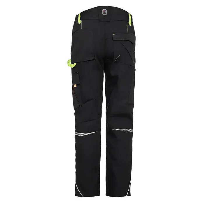 Terrax Workwear Arbeitshose - Konfektionsgröße: 50, Schwarz/Limette - Die Trimm Black Cargo-Hose mit reflektierenden Streifen an den Beinen und praktischen Taschen, ideal für Arbeits- und Freizeitaktivitäten.
