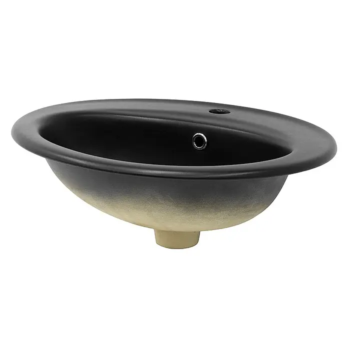 LuxeBath Einbauwaschbecken Handwaschbecken Schwarz inkl. Ablaufgarnitur mit Überlauf - Mit Überlauf, Schwarz - Nahaufnahme eines eleganten, schwarzen Waschbeckens mit einem subtilen Farbverlauf zu Beige im unteren Bereich.