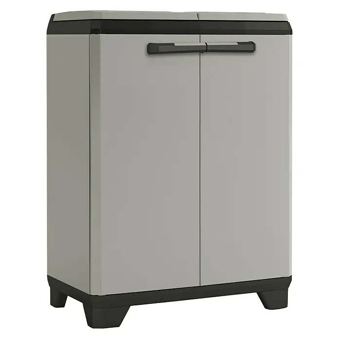 Keter Armario multiusos de plástico  Planet - L x An x Al: 39 x 68 x 90 cm - Un armario de plástico gris con dos puertas y detalles en negro, que ofrece un práctico espacio de almacenamiento.