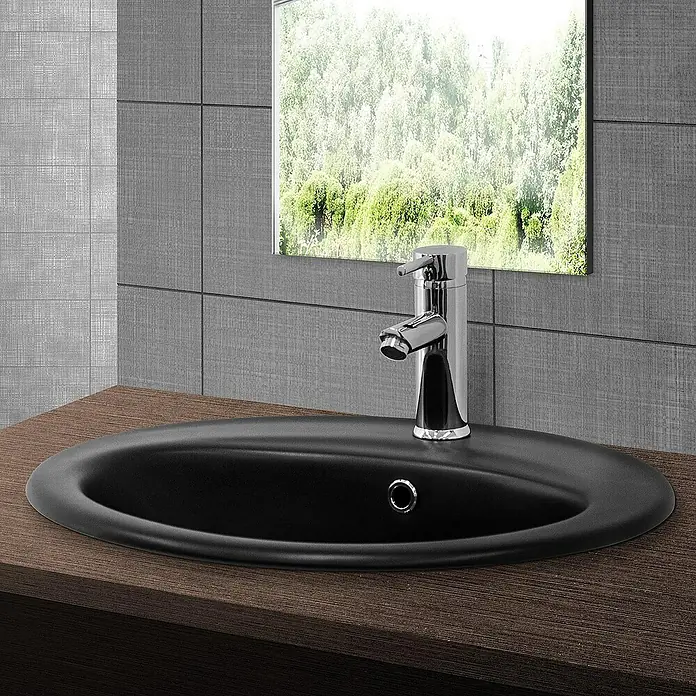 LuxeBath Einbauwaschbecken Handwaschbecken Schwarz inkl. Ablaufgarnitur mit Überlauf - Mit Überlauf, Schwarz, Silber - Ein elegantes, schwarzes Waschbecken mit einem modernen Chromhahn, das jedem Badezimmer einen Hauch von Stil verleiht. Das perfekte Waschbecken für Ihr Bad!