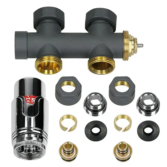 LuxeBath Thermostatventil - Durchgangsventil - Ein Baugruppe für Heizkörperanschluss mit Verteiler, Adapter und weiterem Zubehör für die Installation.