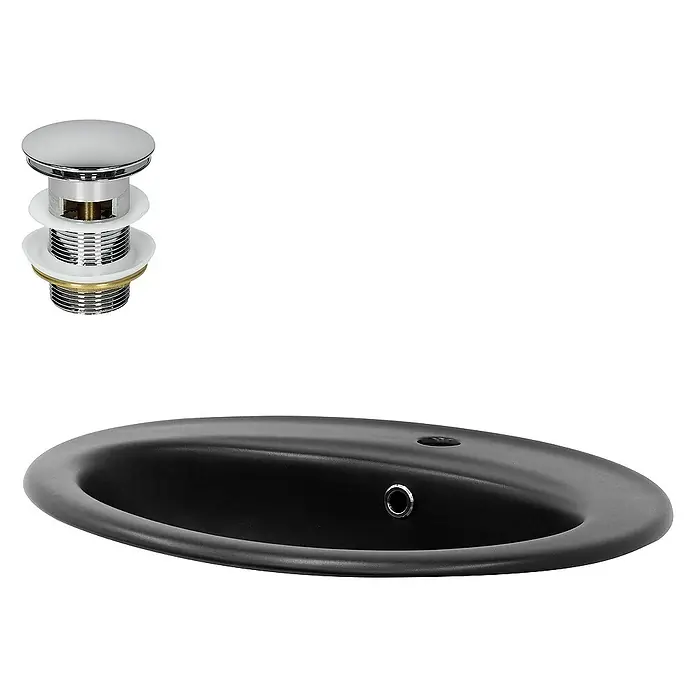 LuxeBath Einbauwaschbecken Handwaschbecken Schwarz inkl. Ablaufgarnitur mit Überlauf - Mit Überlauf, Schwarz, Silber - Ein elegantes, matt-schwarzes Aufsatzwaschbecken mit passendem Ablaufventil, ideal für moderne Badezimmerdesigns.