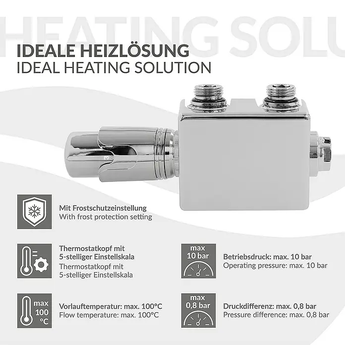 LuxeBath Thermostatventil - Durchgangsventil - Bild einer Heizungslösung mit Thermostatkopf, Frostschutzeinstellung und Angaben zu Temperatur und Druck.