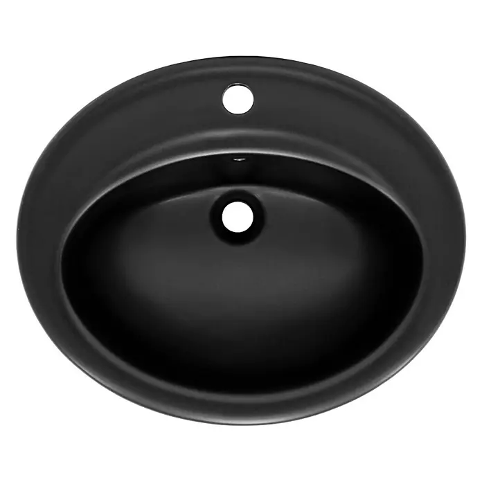 LuxeBath Einbauwaschbecken Handwaschbecken Schwarz inkl. Ablaufgarnitur mit Überlauf - Mit Überlauf, Schwarz, Silber - Schwarzes Waschbecken in ovalem Design mit Hahnloch und Ablauf für ein stilvolles Badezimmer.
