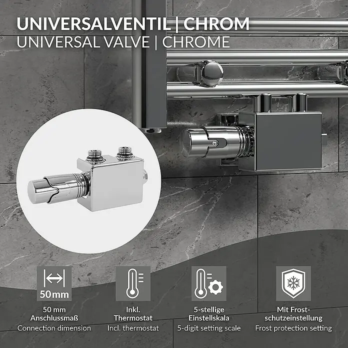 LuxeBath Thermostatventil - Durchgangsventil - Produktabbildung eines Universalventils in Chrom, das durch seine 5-stellige Einstellskala und den Frostschutz überzeugt.
