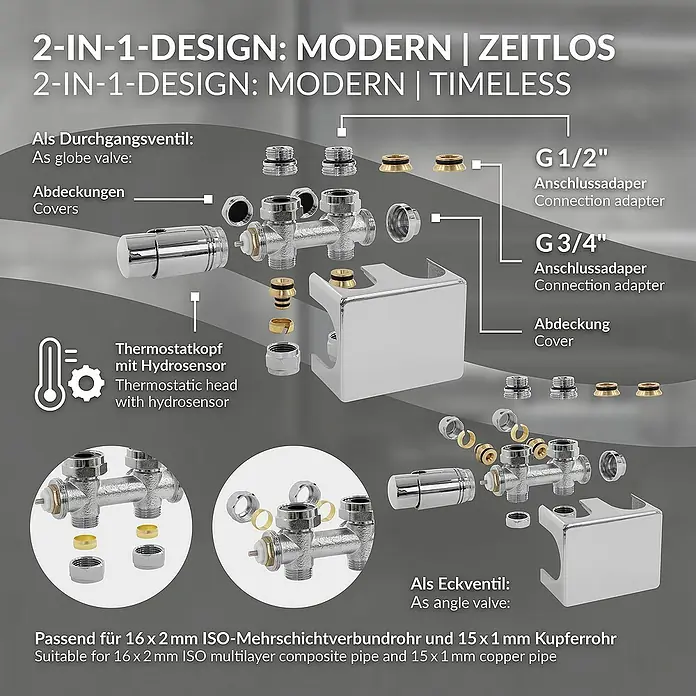 LuxeBath Thermostatventil - Durchgangsventil - 2-in-1 Design: Modern und zeitlos. Thermostatkopf mit Hydrosensor, geeignet für verschiedene Rohre. Als Eck- oder Durchgangsventil verwendbar.