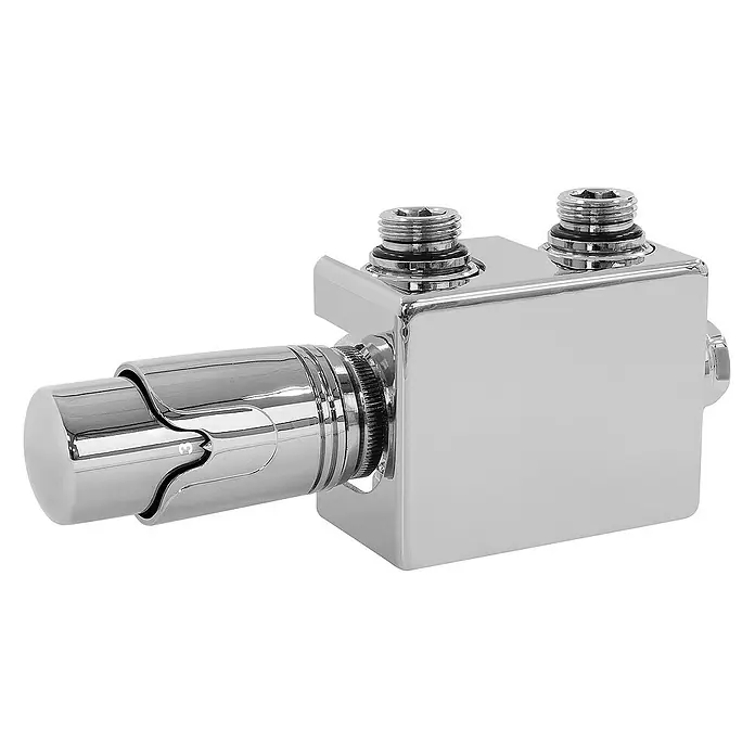 LuxeBath Thermostatventil - Durchgangsventil - Das glänzende Chrom-Heizkörperthermostat ist auf einem weißen Hintergrund abgebildet.