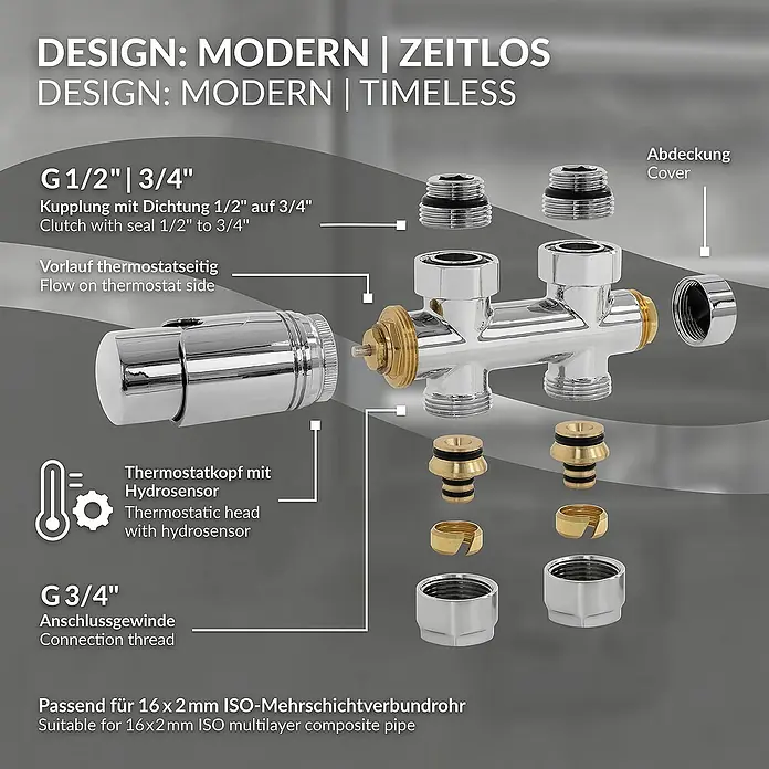 LuxeBath Thermostatventil - Durchgangsventil - Abbildung eines modernen Thermostatkopfes mit Hydrosensor, Anschlussgewinde und verschiedenen Zubehörteilen.