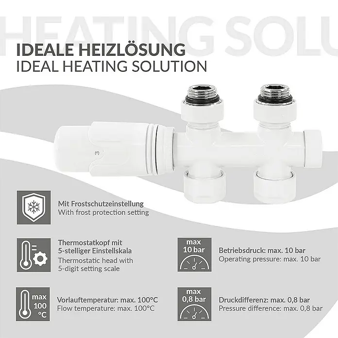 LuxeBath Thermostatventil - Durchgangsventil - Heizkörperthermostat mit Frostschutzeinstellung und Anzeige der Durchflussmenge bis maximal 100°C.
