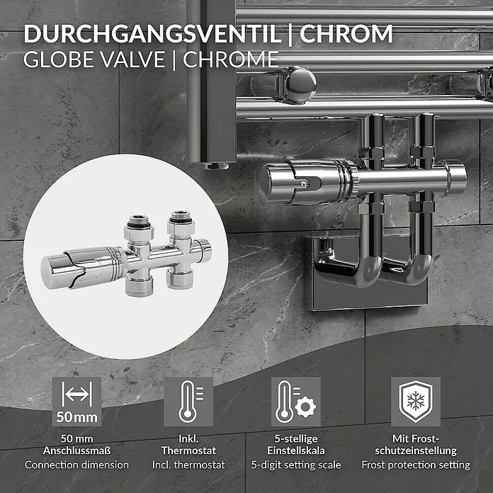 LuxeBath Thermostatventil - Durchgangsventil - Produktbild eines Durchgangsventils in Chrom, das für Heizkörper geeignet ist. Inklusive Thermostat und Frostschutzeinstellung.