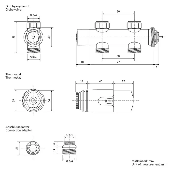 LuxeBath Thermostatventil - Durchgangsventil - Technische Zeichnung eines Kugelhahns, Thermostats und Anschlussadapters mit Maßen in Millimetern.
