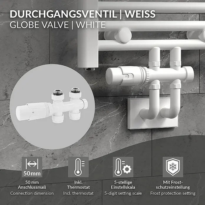 LuxeBath Thermostatventil - Durchgangsventil - Produktbild eines weißen Durchgangsventils mit Thermostat, 5-stelliger Einstellskala und Frostschutzeinstellung für Heizkörper.