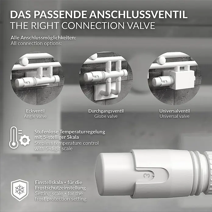 LuxeBath Thermostatventil - Durchgangsventil - Anschlussventil-Optionen: Eckventil, Durchgangsventil, Universalventil. Präzise Temperatur- und Frostschutzeinstellung für Heizkörper.