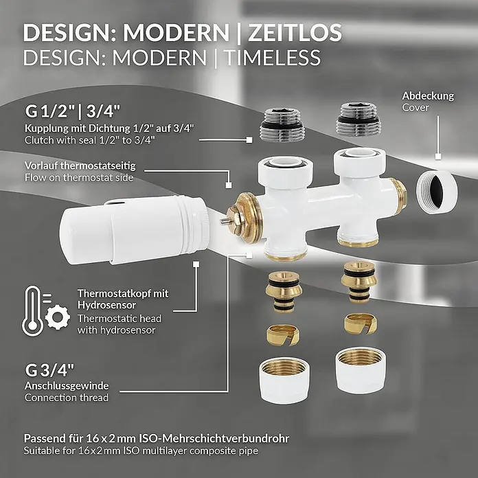 LuxeBath Thermostatventil - Durchgangsventil - Bild einer modernen Thermostatarmatur mit verschiedenen Anschlüssen und Zubehörteilen.