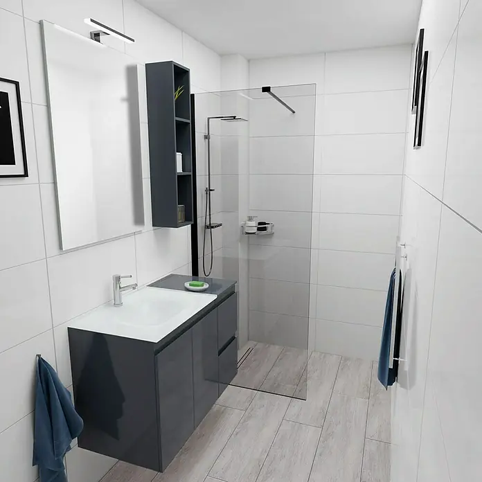 Camargue Espacio Badmöbel-Set H25 - 90 cm, Gama anthrazit glänzend - Modernes Badezimmer-Interieur mit Waschbeckenunterschrank in Anthrazit, stilvoller Duschkabine und großem Spiegel. Elegantes Design für Ihr Bad.