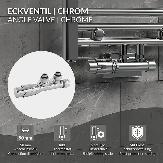 LuxeBath Thermostatventil - Eckventil - Abbildung eines Eckventils in Chrom, mit Thermostat, 5-stelliger Einstellskala und Frostschutzeinstellung für Heizkörper.
