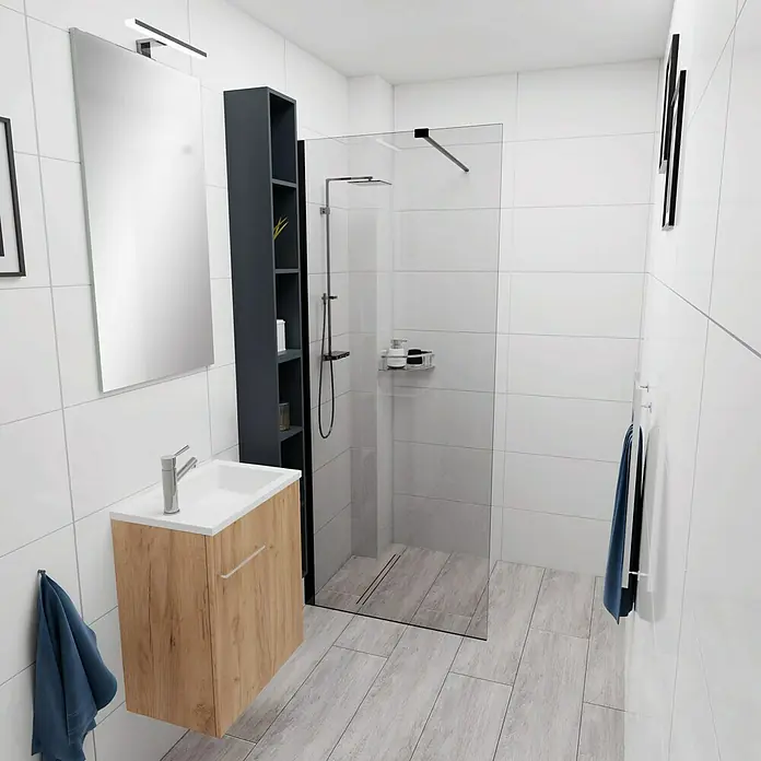 Camargue Espacio Waschtischunterschrank50 x 33 x 60 cm, Doce - Badezimmer-Szene mit Waschtischunterschrank aus Holz, Spiegel, Regal und Duschkabine. Das moderne Design schafft eine stilvolle Atmosphäre.