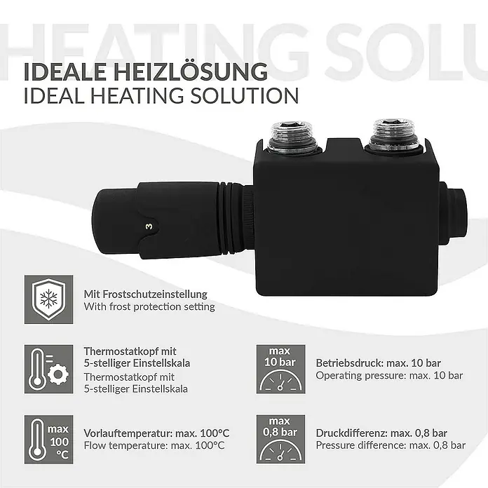 LuxeBath Thermostatventil-Set Schwarz Universal Eck-Durchgangsform + Thermostatkopf - Durchgangsventil - Abbildung eines schwarzen Heizungsmoduls mit Thermostatkopf und Frostschutzeinstellung.